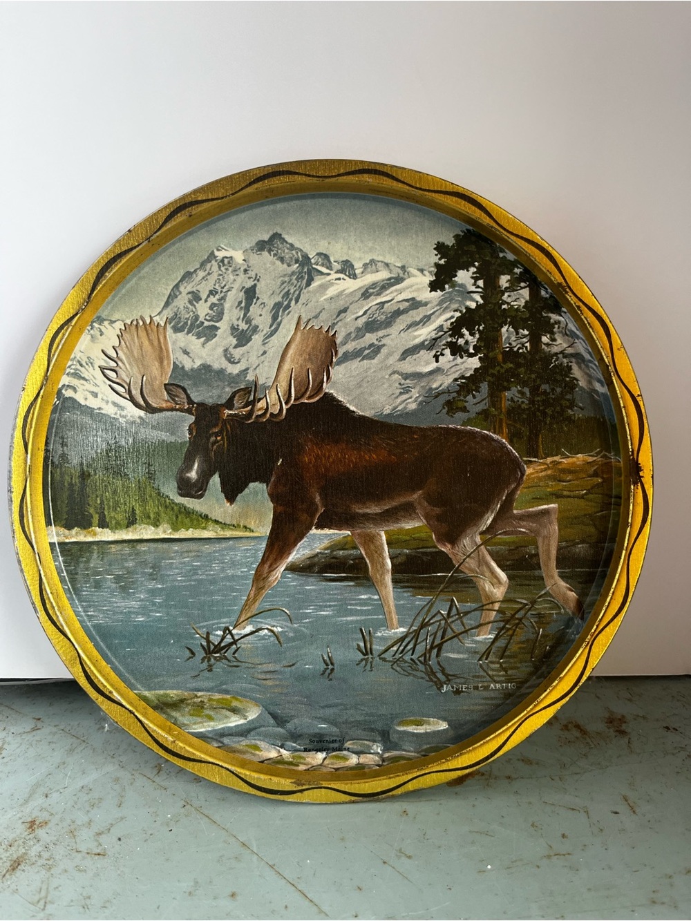 James L Artig 11” Vintage Moose Lithograph Tray Souvenir Rangley Maine